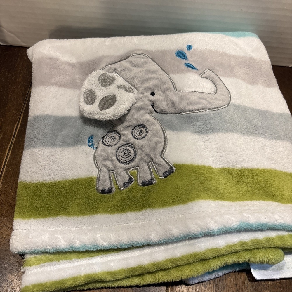 Lambs & Ivy Blue Green Gray Stripe Baby Blanket Gray Elephant 3D Ear 30"x39"